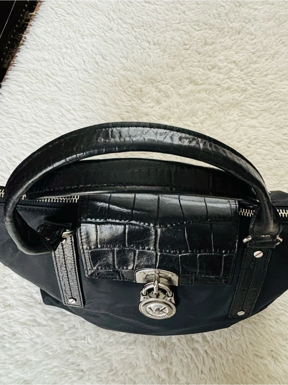 Michael Kors Black Tote with Croc-Trim Flap and Logo Lock